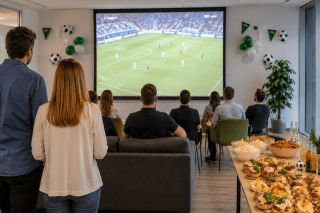 Foto: Personen schauen Fußballmatch, Tisch mit Snacks daneben
